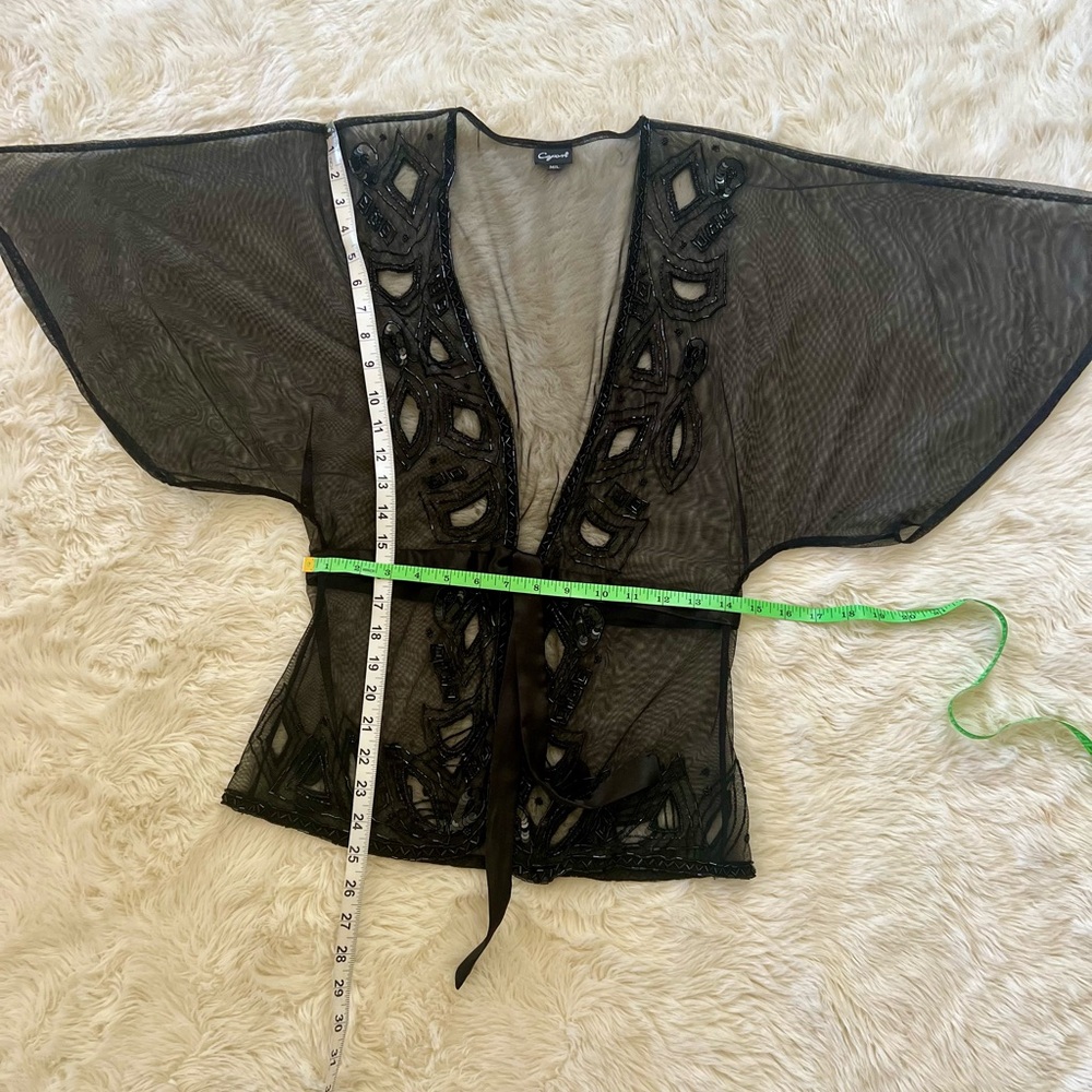 Vintage 90s Black Beaded Mesh Art Nouveau Top Ribbon Bow Glam Goth Victorian - Picture 8 of 10